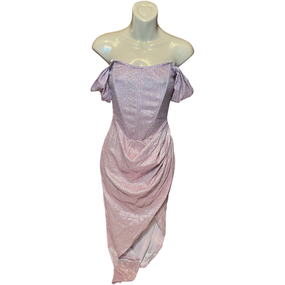 PrettyLittleThing Iridescent Cool Pink Corset Detail Bardot Off Shoulder Dress